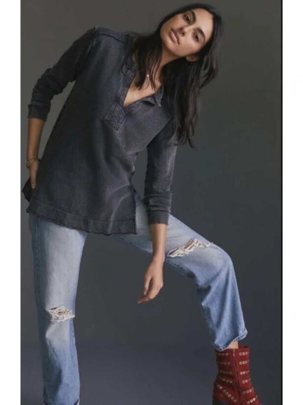 Pilcro Split Hem Sweatshirt Top Washed Vintage Black Bohemian Boho Grunge XS
